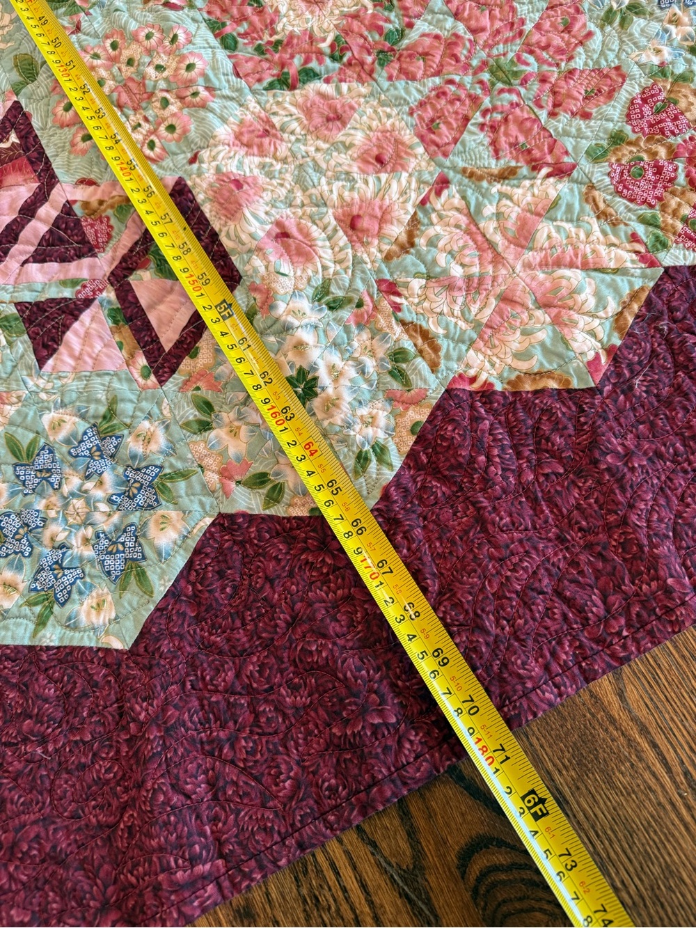Handmade Floral Hexagon Quilt - Burgundy Border, Multicolor Center - Picture 3 of 12